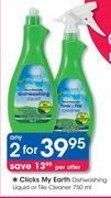 Clicks My Earth Dishwashing Liquid Or Tile Cleaner-2x750ml