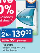 Nicorette 2mg or 4mg 30 Gums Mint or Regular-2 Packs