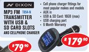 Dixon MP3 FM Transmitter With USB & SD Card Slots And Cellphone Charger T854-N