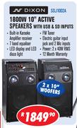 Dixon 1800w 10" Active Speakers With USB & SD Inputs SDJ1002A