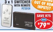 Dixon HDMI 1.3b Switchers 3x1 Switcher With Remote PET301SR