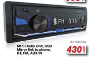 RA MP3 Radio Unit, USB Mirror Link To Phone, BT, FM, Aux In REF.RABTR03-Each