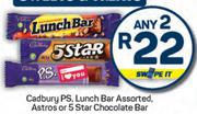 Cadbury P.S, Luch Bar, Astros Or 5 Star Chocolate Bar Assorted-Any 2