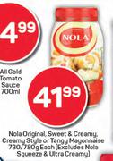 Nola Original,Sweet & Creamy Style Or Tangy Mayonnaise-730g/780g Each