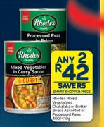 Rhodes Mixed Vegetables, Chakalaka Or Butter Beans Or Processed Peas-Any 2 x 400g/410g