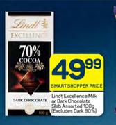 Lindt Excellence Milk Or Dark Chocolate Slab Assorted-100g