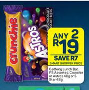 Cadbury Lunch Bar PS,Crunchie Or Astros 40g Or 5 Star 48g-For Any 2