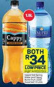 Valpre Still Spring Water And Cappy Burst Fruit Juice Assorted-1.5 Litre Both