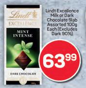 Lindt Excellence Milk Or Dark Chocolate Slab Assorted-100g Each