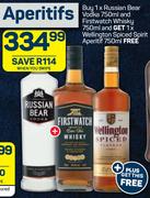 Russian Bear Vodka 750ml + Firstwatch Whisky 750ml with free Wellington Spiced Spirit Aperitif 750ml