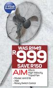 Aim 45cm High Velocity Tripod Fan AHVS18