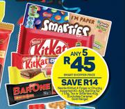 Nestle Kitkat 4 Finger Or Chunky 40-42g, Bar One 52/55g, Tex Or Smarties 40g-Any 5