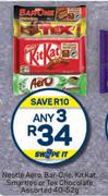 Nestle Aero Bar One, Kitkat, Smarties Or Tex Chocolate Assorted-Any 3 x 40g-52g