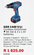 Bosch GSR 1440 V-LI Cordless Drill/Driver + Bit Set & 3 x 1.5V Batteries