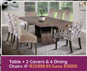 Table + 2 Cavers & 6 Dining Chairs