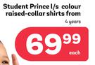 Student Prince L/S Colour Raised Collar Shirts 4 Years-Each