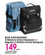 Blue Juice/Bagmax 5 Divisions School Backpack Or Bagmax 3 Dividers School Backpack Each
