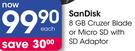 SanDisk 8GB Cruzer Blade Or Micro SD With SD Adaptor-Each