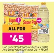 Lion Super Pop Popcorn Seeds 2 x 500g & Great Value Sunflower Oil 1 x 750ml-For All