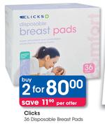 Clicks 2 x 36's Disposable Breast Pads