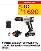 Cordless Drill Dexter Power 18V 2 x 2.Ah Lit Bat With Removable Chuck