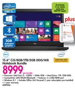 Dell 15.6" Ci5/8GB/1TB/2GB DDG/W8 Notebook-Per Bundle
