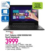 Lenovo 11.6" Celeron 4GB/500GB/W8 Touch Notebook Each