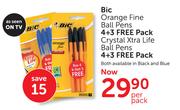 Bic Orange Fine Ball Pens 4+3 Free Pack Or Crystal Xtra Life Ball Pens 4+3 Free Packs-Per Pack