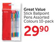 Great Value Stick Ballpoint Pens Colours 10 Pack