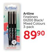 Artline Fineliners EK200 Black/Mixed Colours 3's-Per Pack