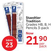 Staedtler Tradition Grades HB, B, H Pencils 3's-Per Pack