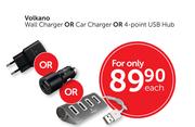 Volkano Wall Charger Or Car Charger Or 4 Point USB Hub-Each