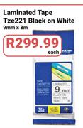 Laminated Tape Tze221 Black Or White-9mm X 8m Each