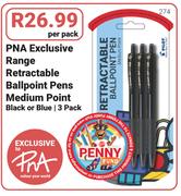 Pna Exclusive Range Retractable Ballpoint Pens Medium Point (Black Or Blue) 3 Pack-Per Pack
