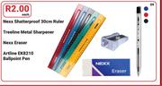 Nexx Shatterproof 30cm Ruler, Treeline Metal Sharpener, Nexx Eraser, Artline EK8210 Ballpoint Pen-Ea