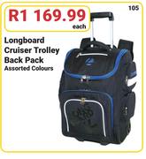 Longboard Cruiser Trolley Back Pack Assorted Colours-Each