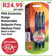 PNA Exclusive Range Retractable ballpoint Pens Medium Point In Black Or Blue-3 Per Pack