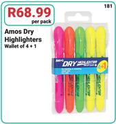 Amos Dry Highlighters Wallet Of 4 + 1-Per Pack