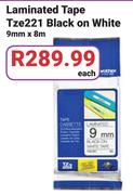 Laminated Tape Tze 221 Black On White 9mm x 8m-Each