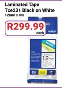 Laminated Tape Tze 231 Black On White 12mm x 8m-Each