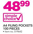 Simple Choice A4 Filing Pockets 100 Pieces