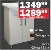 Vanity Cabinet & Basin In Whote Or Mahogany-Each