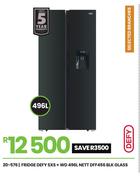 Defy 496L NETT Blk Glass SxS + WD Fridge DFF456 20-576