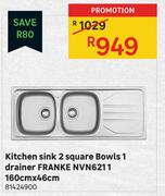 Franke NVN6211 Kitchen Sink 2 Square Bowls 1 Drainer 160cm x 46cm