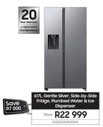 Samsung 617L Gentle Silver Side By Side Fridge Plumbed Water & Ice Dispenser RS65DG54R3S9FA