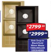 Sink Drop In Black/Gold 90mm Waste 32839/48583-1000 x 460 x 220