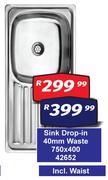 Sink Drop In 40mm Waste 42652-750 x 400