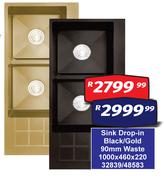 Sink Drop In Black/Gold 90mm Waste 1000 x 460 x 220 32839/48583