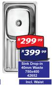 Sink Drop In 40mm Waste 750 x 400 42652