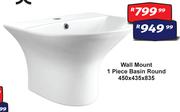Wall Mount 1 Piece Basin Round 450 x 435 x 835